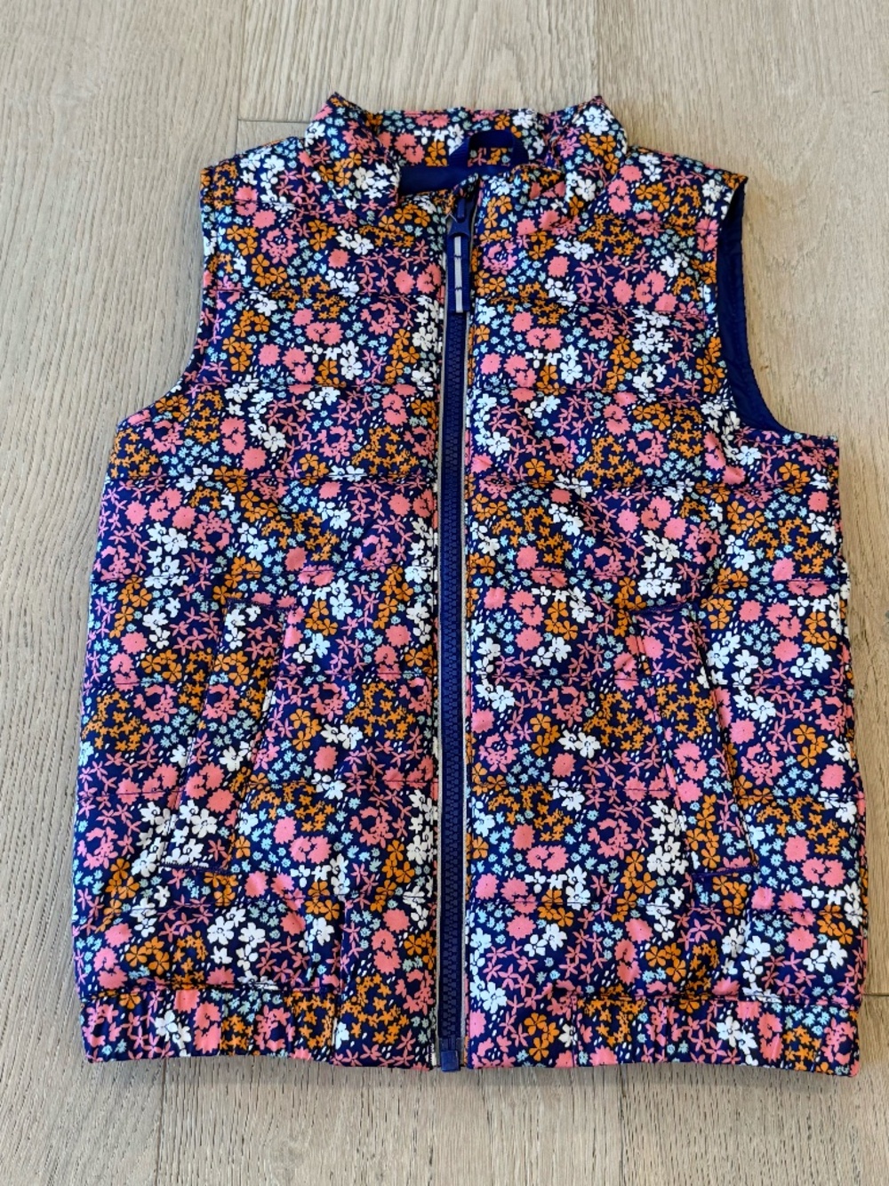 Cat & Jack Floral Puffer Vest Girls 5T Navy Pink Orange Zip Quilted Jacket NWOT